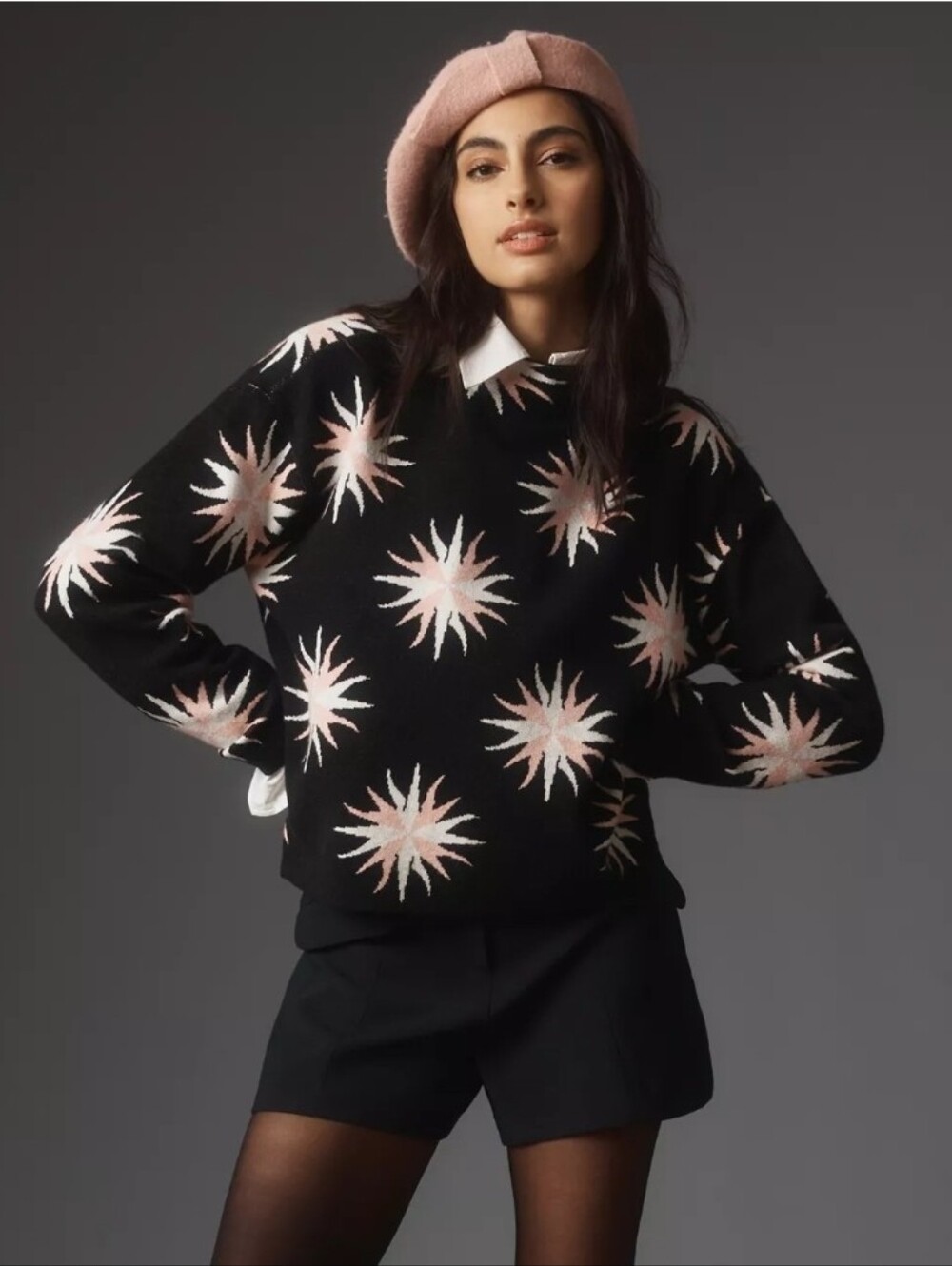 Maeve Carys Mock Neck Sweater Pink White Starbust Pattern Sz Small Oversized